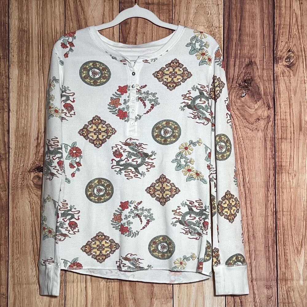 Pj Salvage Waffle Knit Long Sleeve Henley Sweater White Womens Size Small